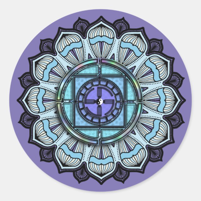 Sticker Rond Lavande Aqua Mandala Noir Blanc Yin Yang (Devant)