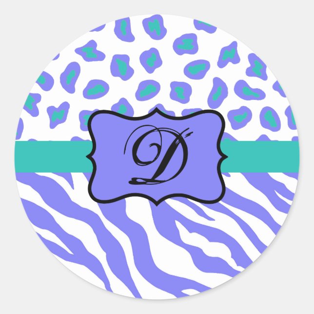 Sticker Rond Lavande Blanc Zèbre Léopard Monogramme de peau ini (Devant)