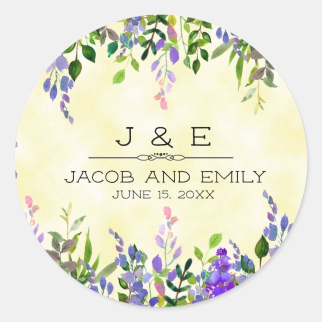 Sticker Rond Lavande Florale Jaune Mariage Merci Monogramme (Devant)