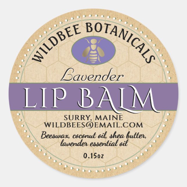 Sticker Rond Lavande sur Kraft Beeswax Lip Balm Bordure pointil (Devant)