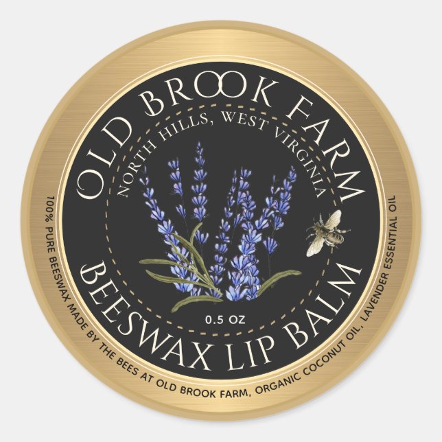 Sticker Rond Lavender Beeswax Lip Balm Or noir avec abeille (Devant)
