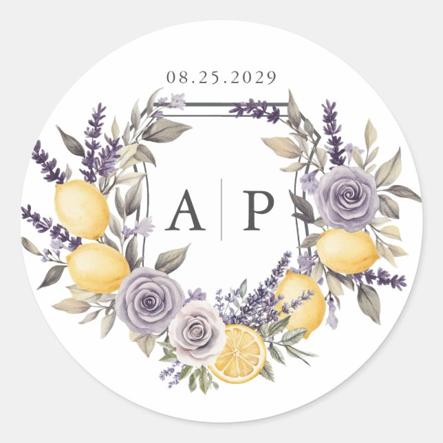 Sticker Rond Lavender Lemon Monogram Floral Crest Mariage (Devant)