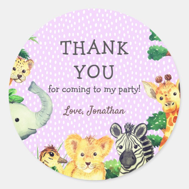 Sticker Rond Lavender mignonne Jungle Animaux Merci Anniversair (Devant)
