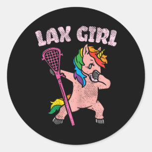 Sticker Rond Lax Girl Unicorn mignonne animal Lacrosse Joueur