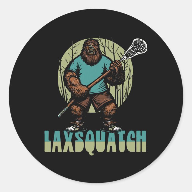 Sticker Rond Laxsquatch ! Joueur de crosse Bigfoot Drôle Sasqua (Devant)