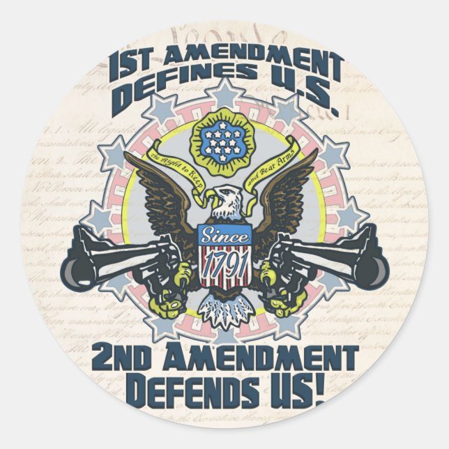 Sticker Rond Le 2e amendement défend l'aigle à pistolet (Devant)