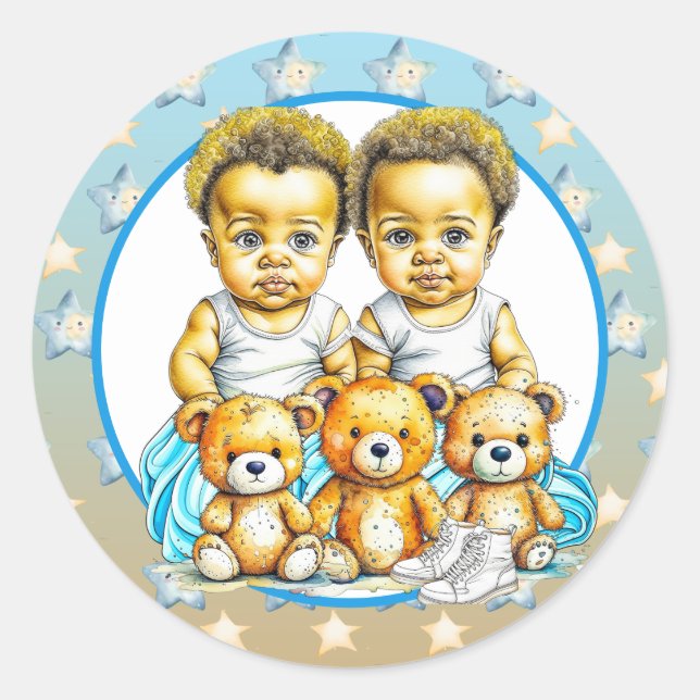 Sticker Rond Le Baby shower bleu du jumeau afro-américain (Devant)