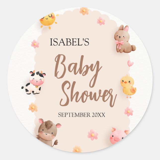 Sticker Rond Le Baby shower des animaux de ferme mignons (Devant)