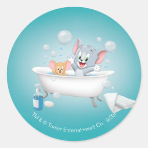 Sticker Rond Le bébé Tom et Jerry prenant un bain