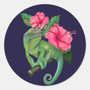 Sticker Rond Le caméléon de Jackson avec Hibiscus