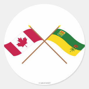 Sticker Rond Le Canada et les drapeaux croisés par Saskatchewa