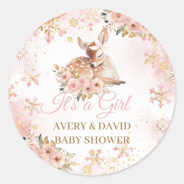 Sticker Rond Le cerf d'hiver rose est un Baby shower de fille (Devant)