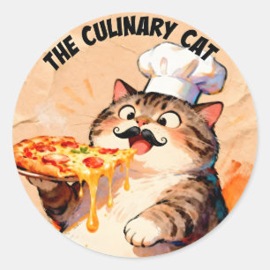 Sticker Rond Le Chat Culinaire avec le Chat Chef Pizza Tenant u
