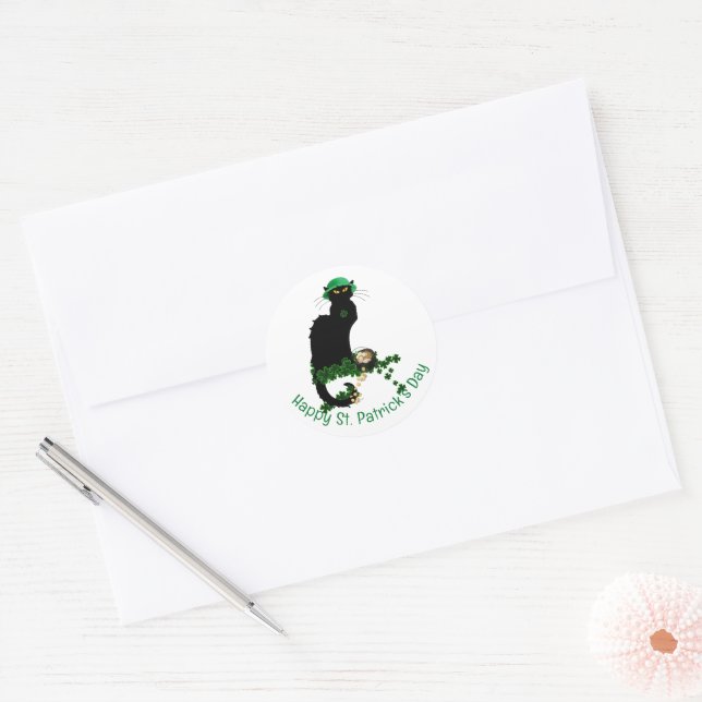 Sticker Rond Le Chat Noir Clover St. Patrick's Day (Enveloppe)