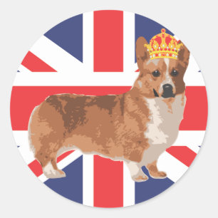 Sticker Rond Le corgi de la Reine avec la couronne et l'Union
