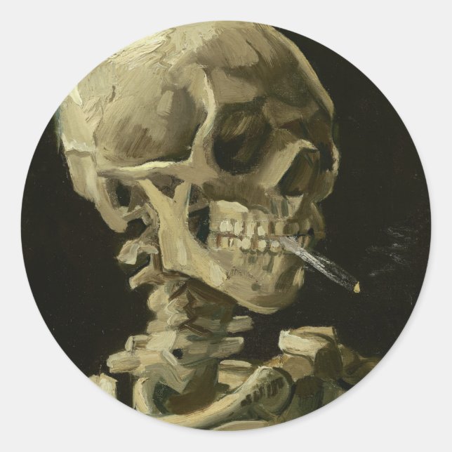 Sticker Rond Le crâne d'un squelette avec la cigarette brûlante (Devant)