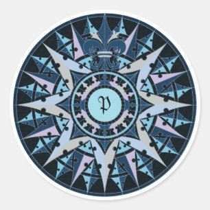 Sticker Rond Le dessin d'art, rose de boussole d'antiquité,