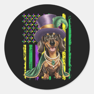 Sticker Rond Le drapeau américain Mardi Gras Dachshund Dog Fest