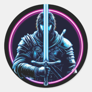 Sticker Rond le guerrier neon sword fighter vin