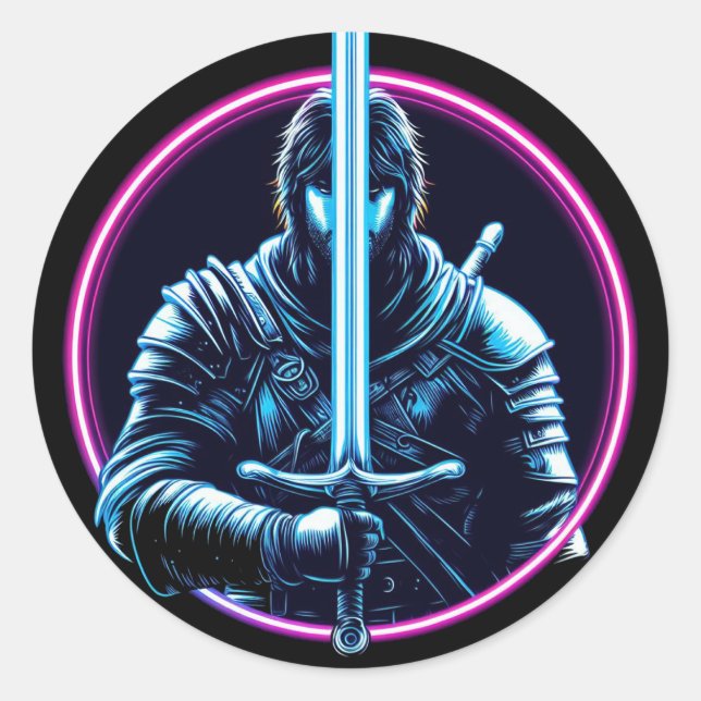 Sticker Rond le guerrier neon sword fighter vin (Devant)