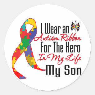 Sticker Rond Le héros du ruban de l'autisme dans ma vie Mon fil