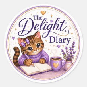 Sticker Rond Le Journal du Plaisir Chat Mignon Violet Or