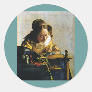 Sticker Rond Le Lacemaker de Johannes Vermeer (vers 1670)