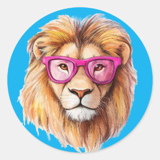Sticker Rond Le lion avec lunettes roses Arrière - plan bleu fo