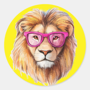 Sticker Rond Le lion avec lunettes roses Arrière - plan jaune