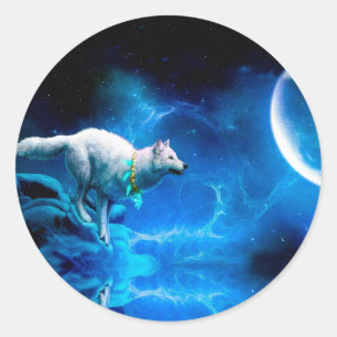 Sticker Rond Le loup indien et la pleine lune