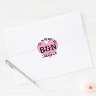 Sticker Rond LE MARIAGE DE Votre Monogramme & Date Cœur Rose
