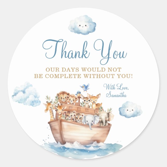 Sticker Rond Le Merci de Baby shower d'arche du mignon garçon N (Devant)