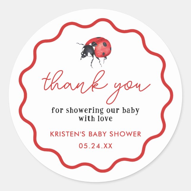 Sticker Rond Le Merci du Baby shower de Little Ladybug est favo (Devant)