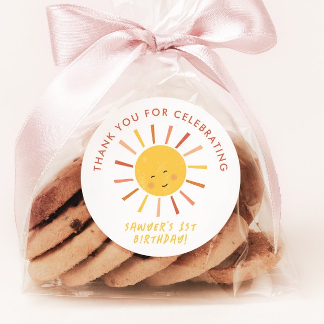 Sticker Rond Le Merci moderne du parti Anniversaire de enfant S (Modern Sun Kids Thank You Favor or Envelope Sticker Tag.)