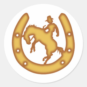 Sticker Rond Le panneau avec un cowboy et des fer à cheval