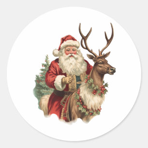 Sticker Rond Le Père Noël classique à cheval un renne Noël