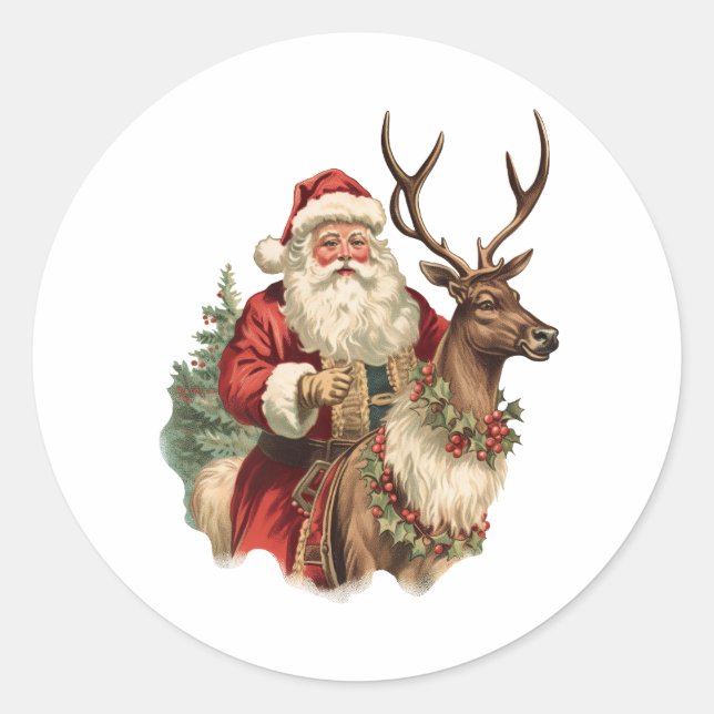 Sticker Rond Le Père Noël classique à cheval un renne Noël (Devant)