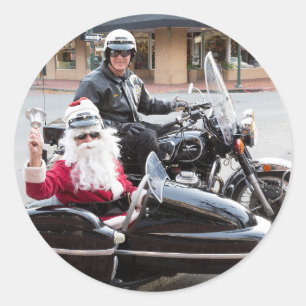 Sticker Rond Le père noël dans le sidecar de moto