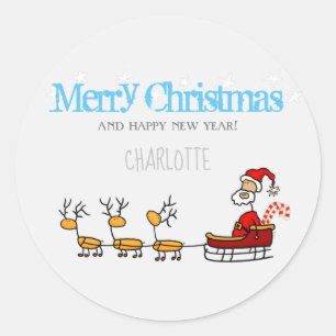 Sticker Rond Le Père Noël dans son traîneau avec Reindeers Clas