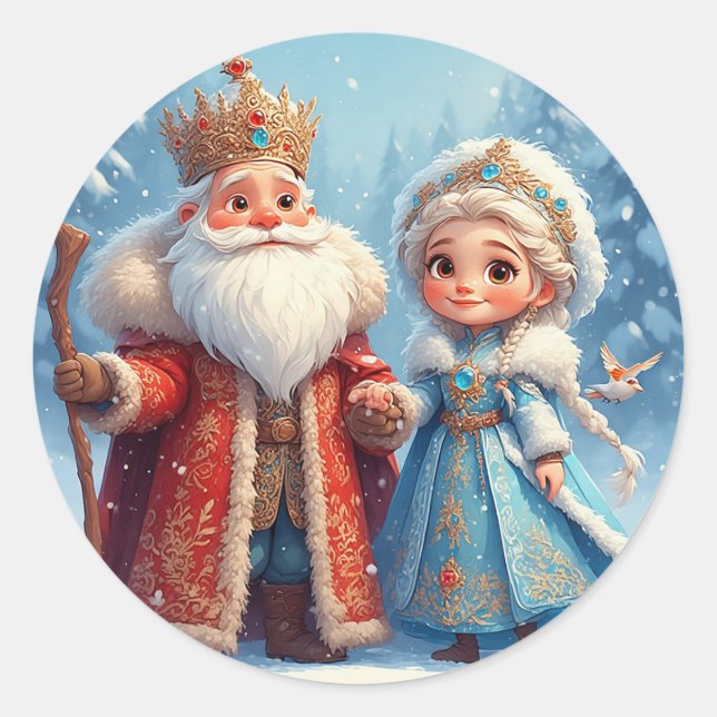 Sticker Rond Le Père Noël et le Maiden des neiges fêtent Noël (Devant)