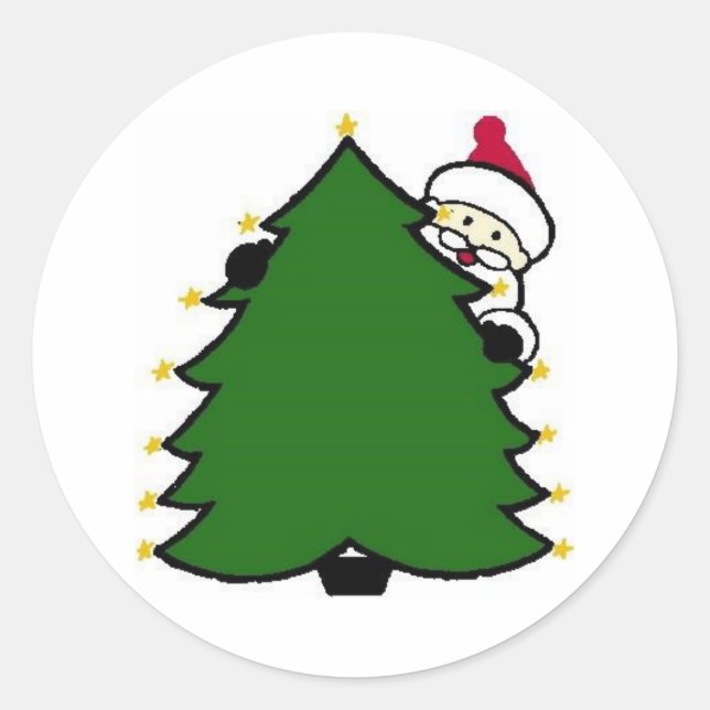 Sticker Rond Le Père Noël se cache derrière l'arbre de Noël (Devant)