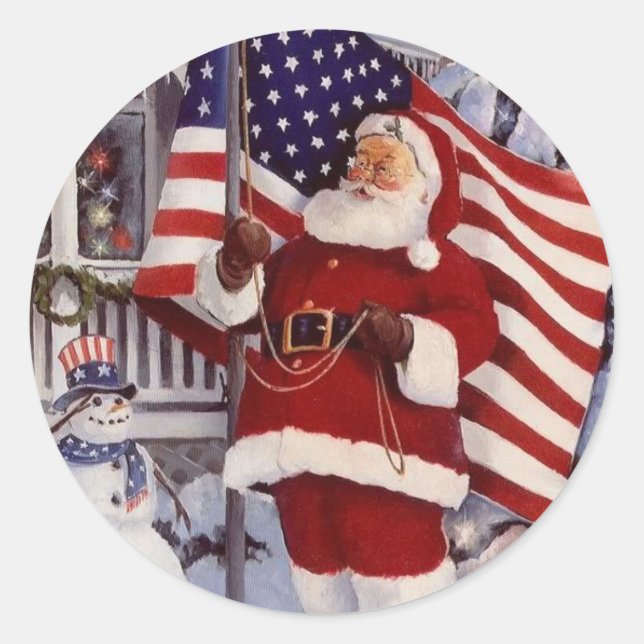 Sticker Rond Le Père Noël tient le drapeau américain (Devant)