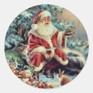 Sticker Rond Le Père Noël vintage nourrit les oiseaux et les