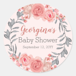 Sticker Rond Le rose doux rougissent baby shower floral de