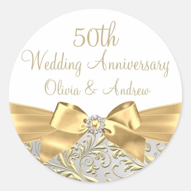 Sticker Rond Leaf Gold Bow Blanc 50e anniversaire Mariage (Devant)