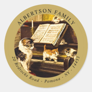 Sticker Rond Leçon de piano vintage Mère Chat Cute Kittens