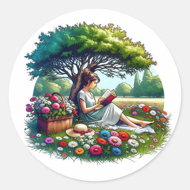 Sticker Rond Lecture de fille sous un arbre entouré de fleurs (Devant)