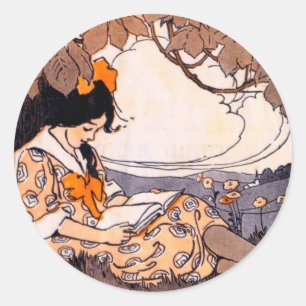 Sticker Rond Lecture vintage de fille sous un arbre