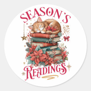 Sticker Rond Lectures de saison Chaton douillet 
