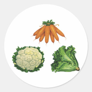 Sticker Rond Légumes vintages; Carottes, Chou-fleur, Laitue